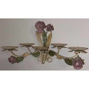 Vintage Metal Tole Candle‎ Holders with Pink Roses Wall Mount